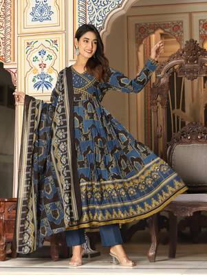 Blue cotton hand mirror lace work anarkali kurti pant dupatta  set 4