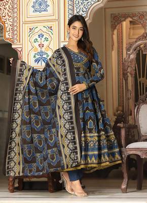 Blue cotton hand mirror lace work anarkali kurti pant dupatta  set 5