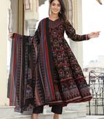 Black cotton hand mirror lace work anarkali kurti pant dupatta  set