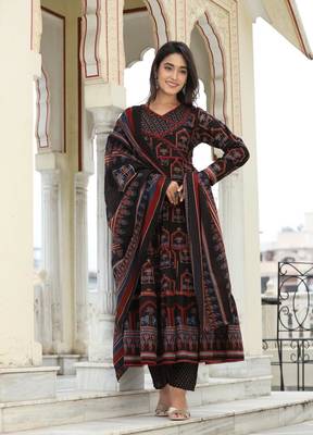 Black cotton hand mirror lace work anarkali kurti pant dupatta  set 5