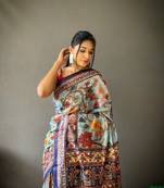 Indiatellme Women Aqua Blue Cotton Saree And Printed Work Rich Pallu Saree With Blouse