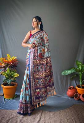 Indiatellme Women Aqua Blue Cotton Saree And Printed Work Rich Pallu Saree With Blouse 2