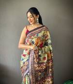 Indiatellme Women Aqua Green Cotton Saree And Printed Work Rich Pallu Saree With Blouse