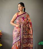 Indiatellme Women Peach Cotton Saree And Printed Work Rich Pallu Saree With Blouse