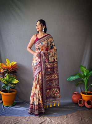 Indiatellme Women Cream Cotton Saree And Printed Work Rich Pallu Saree With Blouse 1
