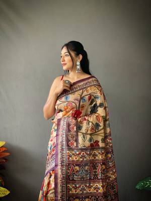 Indiatellme Women Cream Cotton Saree And Printed Work Rich Pallu Saree With Blouse 2