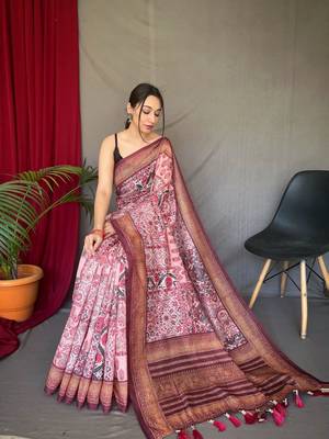 Indiatellme Women Maroon Cotton Saree And Printed Work Rich Pallu Saree With Blouse  3