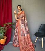 Indiatellme Women Orange Cotton Saree And Printed Work Rich Pallu Saree With Blouse 