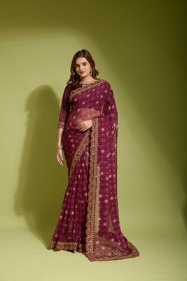 Designer georgette printed and lace work saree with blouse piece 1
