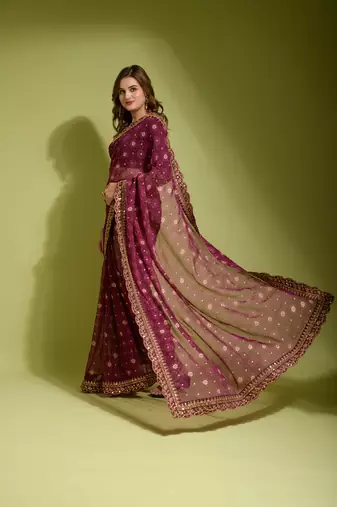Designer georgette printed and lace work saree with blouse piece