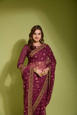 Designer georgette printed and lace work saree with blouse piece 4