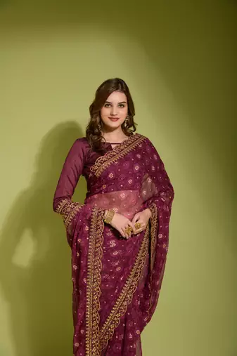Designer georgette printed and lace work saree with blouse piece