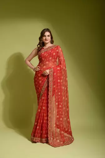 Designer georgette printed and lace work saree with blouse piece