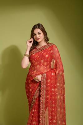 Designer georgette printed and lace work saree with blouse piece 3