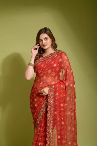 Designer georgette printed and lace work saree with blouse piece