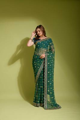 Designer georgette printed and lace work saree with blouse piece 1