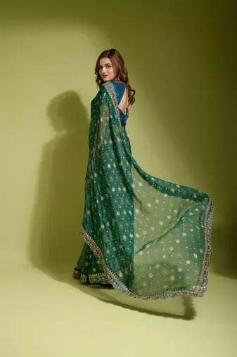 Designer georgette printed and lace work saree with blouse piece