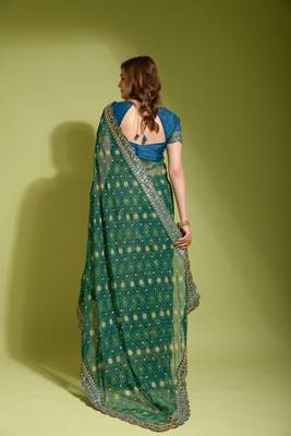 Designer georgette printed and lace work saree with blouse piece 3