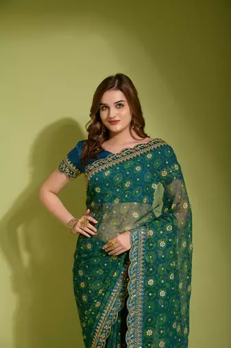 Designer georgette printed and lace work saree with blouse piece