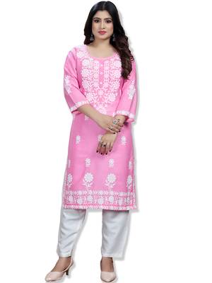 Pink rayon lucknowi chikankari mid-length straight kurta with white pant set 2