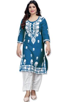 Teal rayon lucknowi chikankari mid-length straight kurta with white pant set 2
