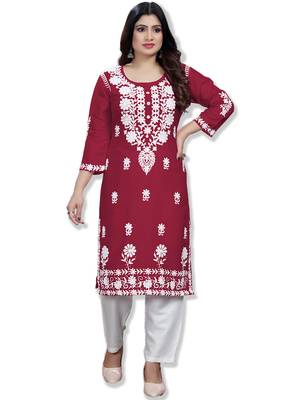 Red rayon lucknowi chikankari mid-length straight kurta with white pant set 2