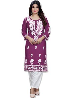 Wine rayon lucknowi chikankari mid-length straight kurta with white pant set 2