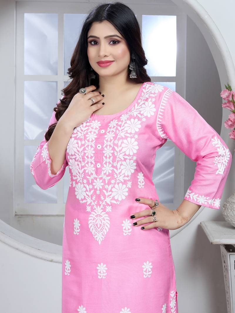 Pink rayon lucknowi chikankari mid-length straight kurta with white pant set
