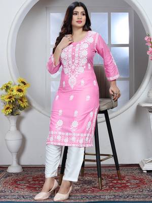 Pink rayon lucknowi chikankari mid-length straight kurta with white pant set 1