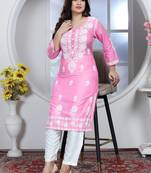 Pink rayon lucknowi chikankari mid-length straight kurta with white pant set