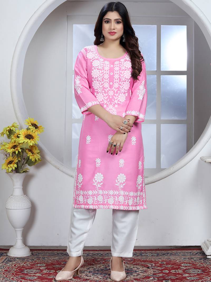Pink rayon lucknowi chikankari mid-length straight kurta with white pant set