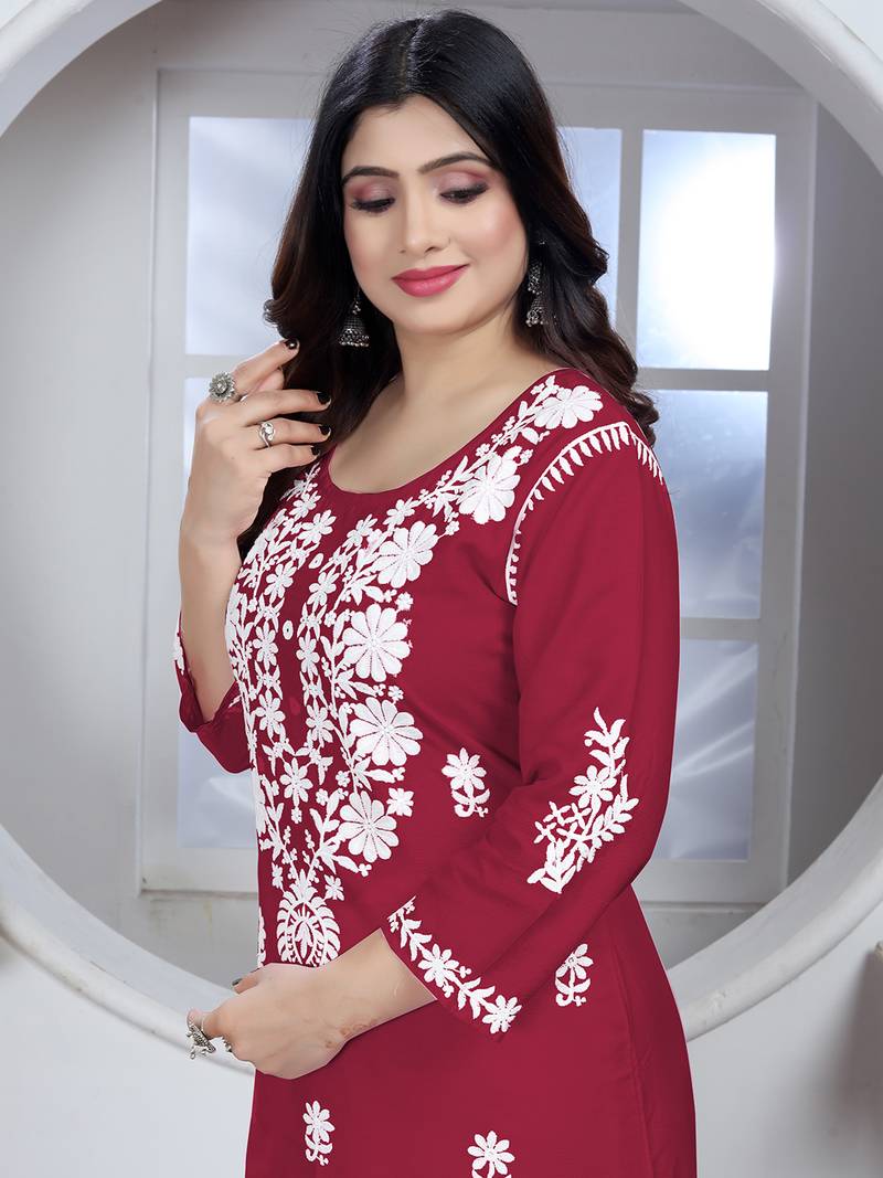 Red rayon lucknowi chikankari mid-length straight kurta with white pant set
