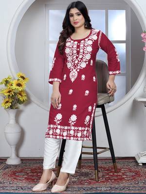 Red rayon lucknowi chikankari mid-length straight kurta with white pant set 1