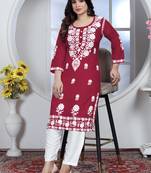 Red rayon lucknowi chikankari mid-length straight kurta with white pant set