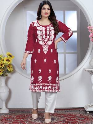 Red rayon lucknowi chikankari mid-length straight kurta with white pant set 4