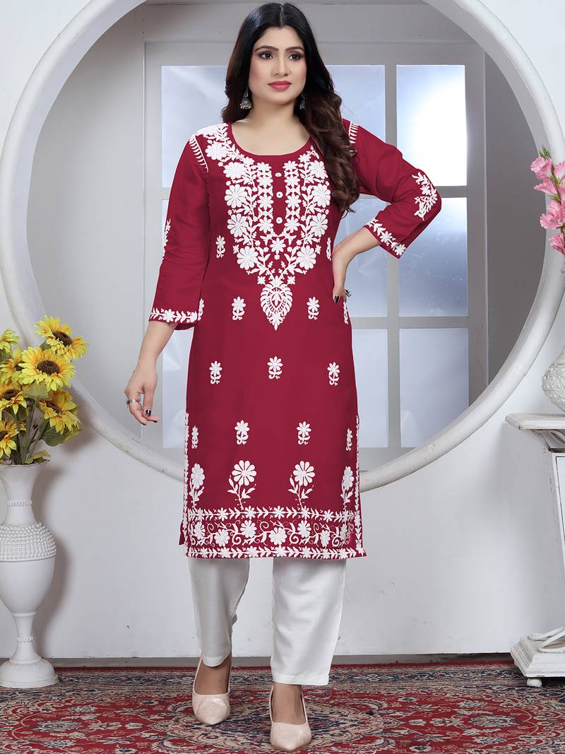 Red rayon lucknowi chikankari mid-length straight kurta with white pant set