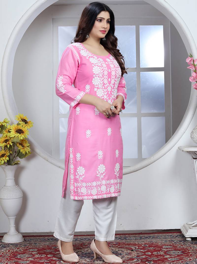 Pink rayon lucknowi chikankari mid-length straight kurta with white pant set