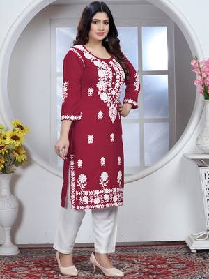 Red rayon lucknowi chikankari mid-length straight kurta with white pant set 5