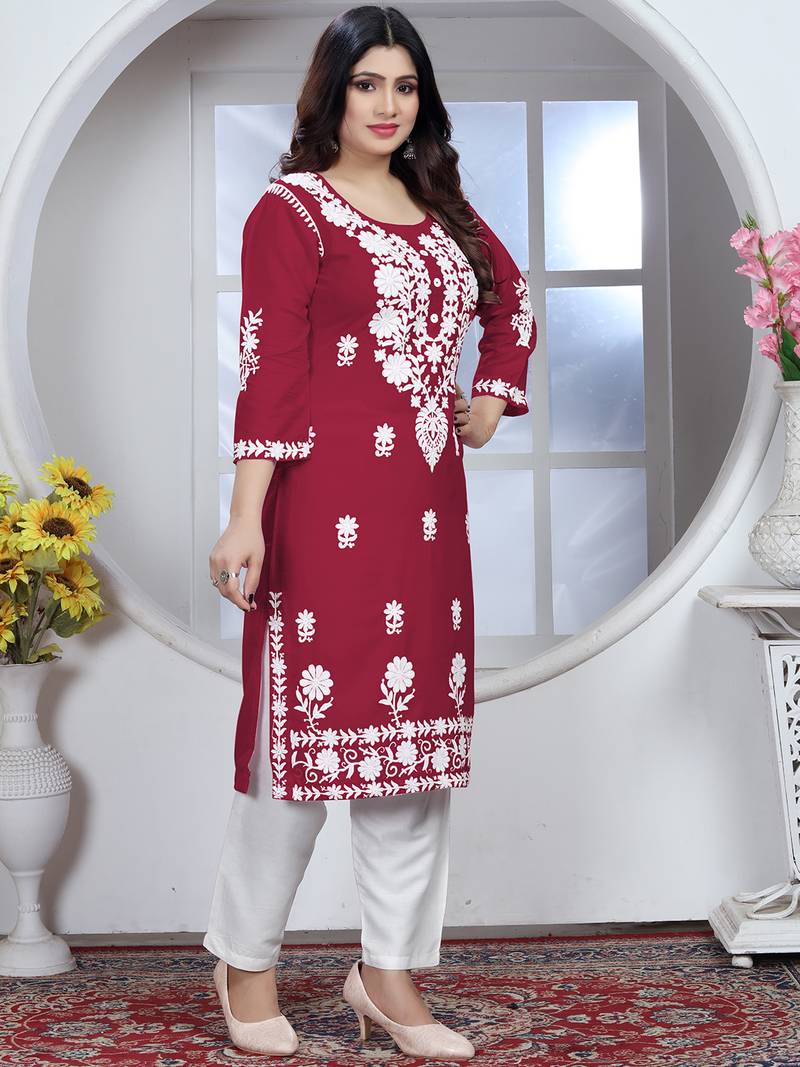 Red rayon lucknowi chikankari mid-length straight kurta with white pant set