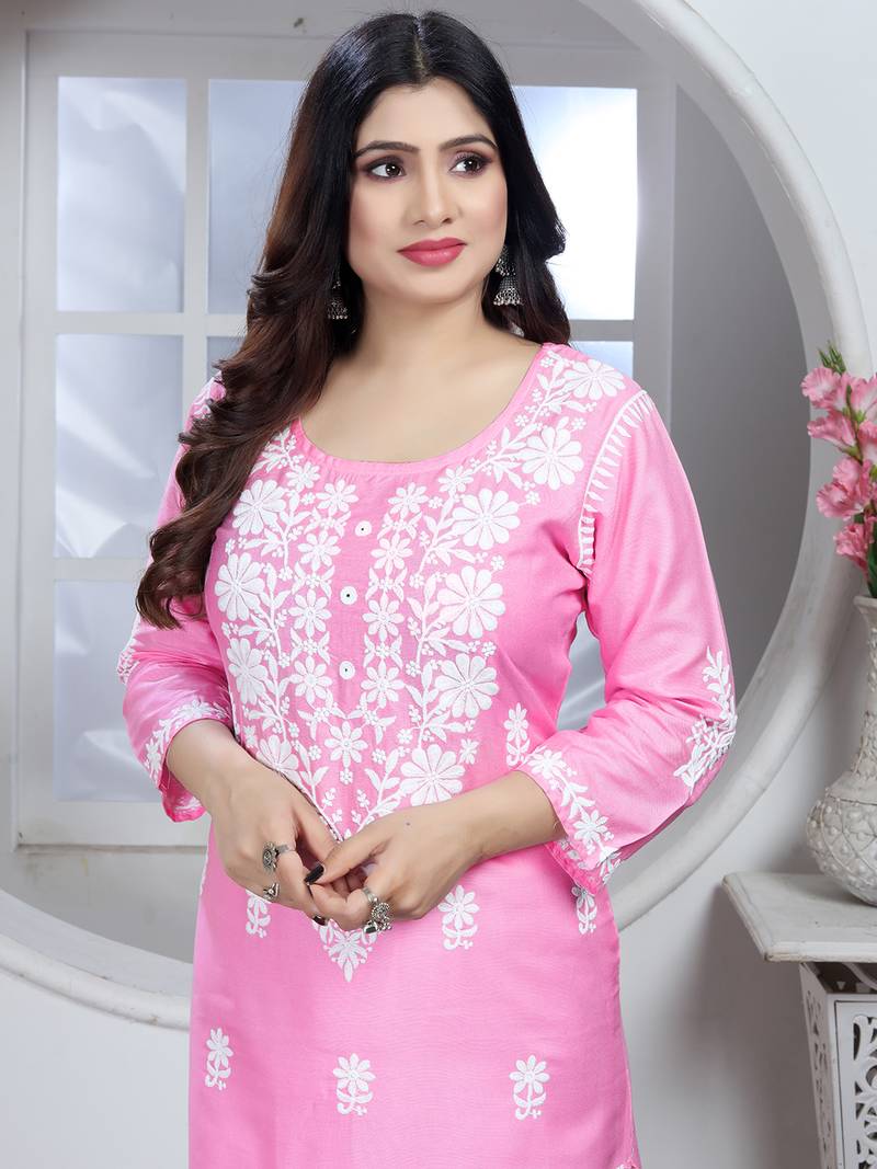 Pink rayon lucknowi chikankari mid-length straight kurta with white pant set