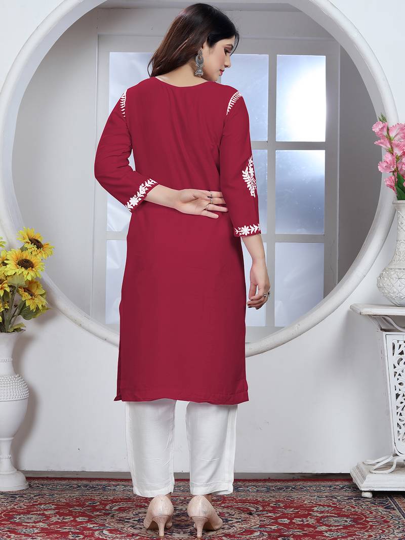 Red rayon lucknowi chikankari mid-length straight kurta with white pant set