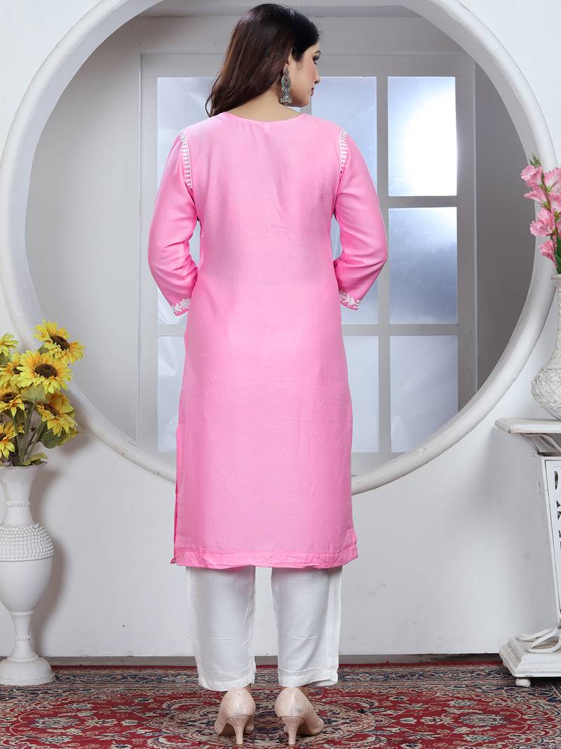 Pink rayon lucknowi chikankari mid-length straight kurta with white pant set