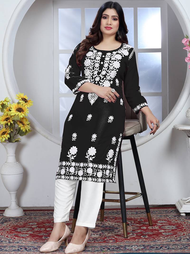 Black rayon lucknowi chikankari mid-length straight kurta with white pant set