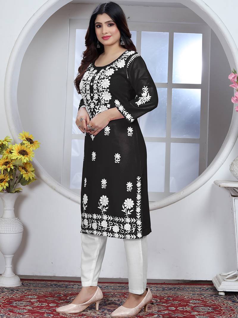 Black rayon lucknowi chikankari mid-length straight kurta with white pant set