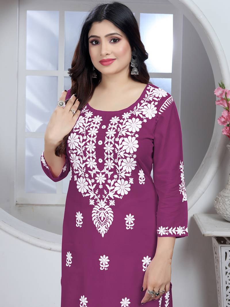 Wine rayon lucknowi chikankari mid-length straight kurta with white pant set