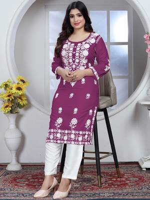 Wine rayon lucknowi chikankari mid-length straight kurta with white pant set 1
