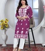 Wine rayon lucknowi chikankari mid-length straight kurta with white pant set