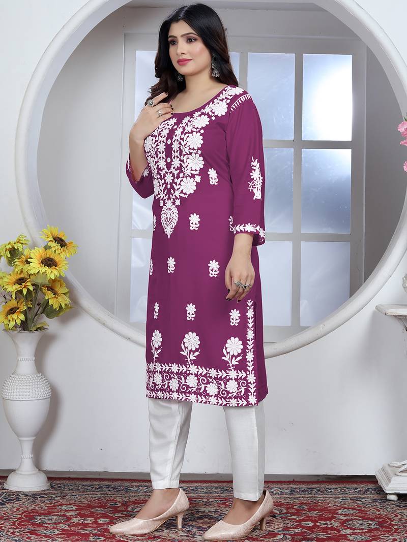 Wine rayon lucknowi chikankari mid-length straight kurta with white pant set