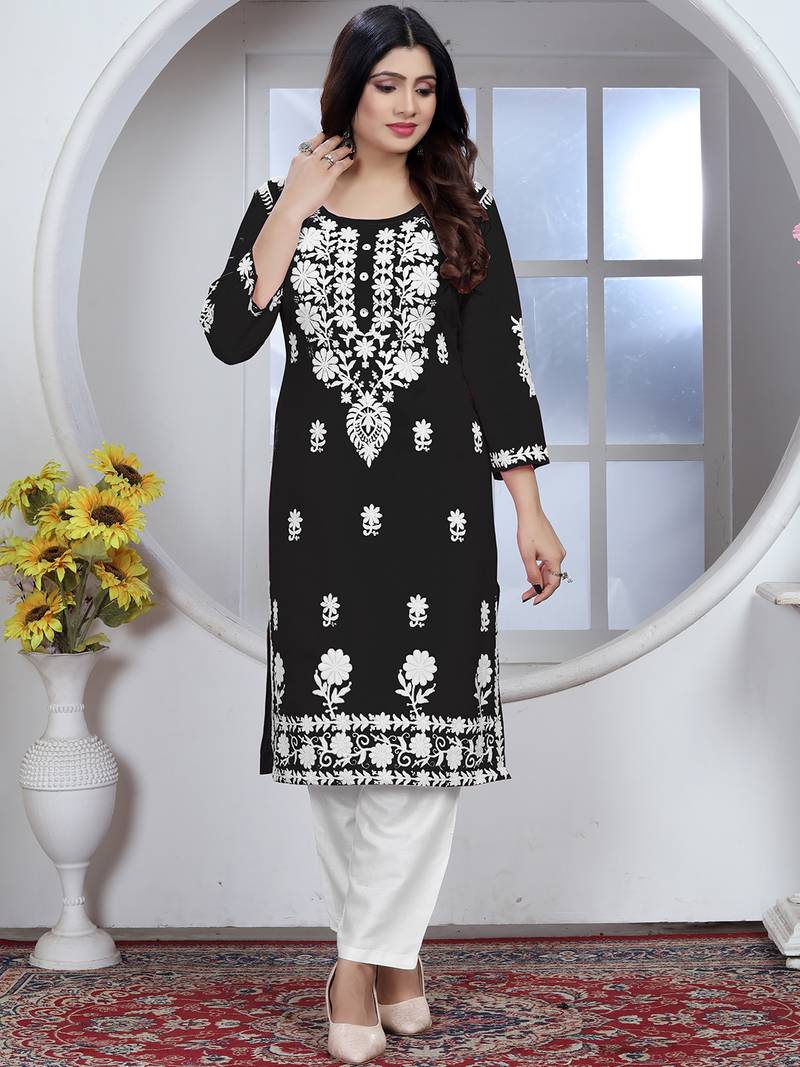 Black rayon lucknowi chikankari mid-length straight kurta with white pant set