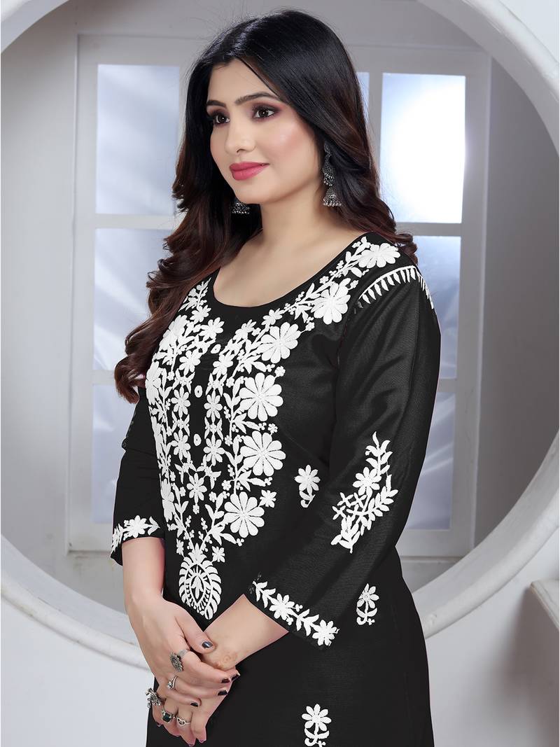 Black rayon lucknowi chikankari mid-length straight kurta with white pant set